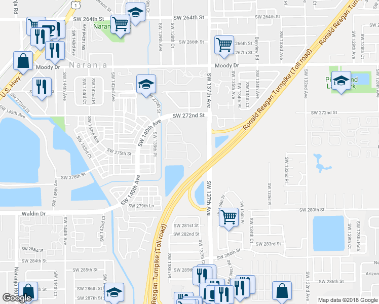 map of restaurants, bars, coffee shops, grocery stores, and more near 27501 Southwest 138th Avenue in Homestead