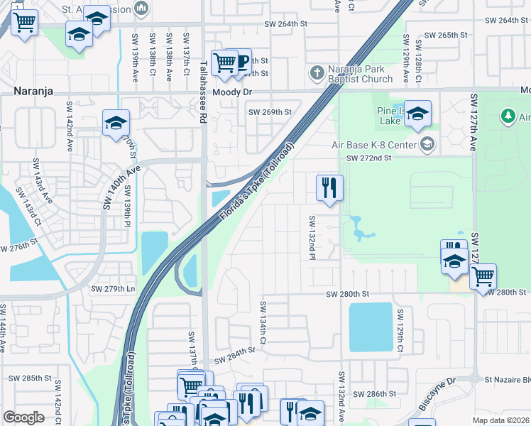 map of restaurants, bars, coffee shops, grocery stores, and more near 27471 Southwest 134th Court in Princeton