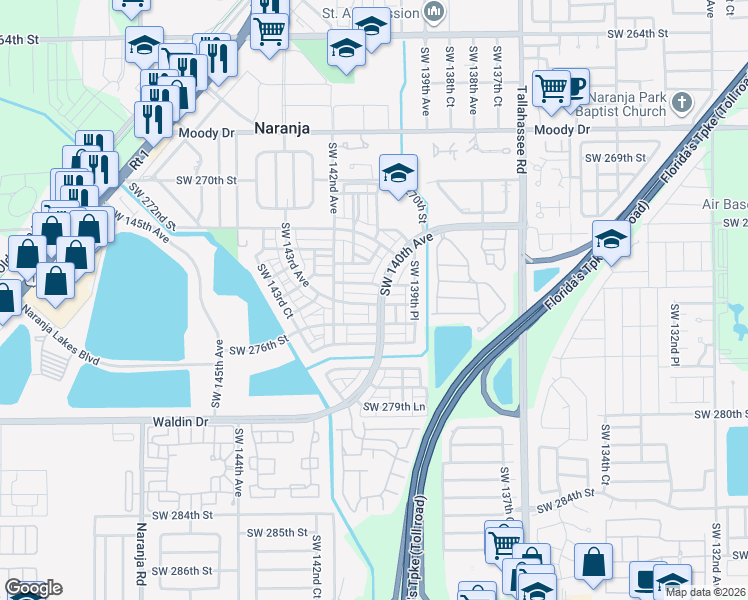 map of restaurants, bars, coffee shops, grocery stores, and more near 14058 Southwest 274th Lane in Homestead