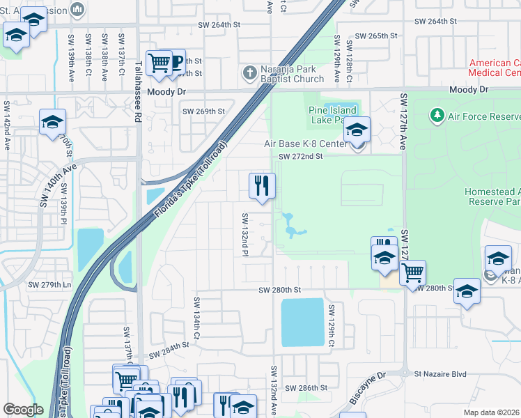 map of restaurants, bars, coffee shops, grocery stores, and more near 13201 Southwest 274th Terrace in Homestead