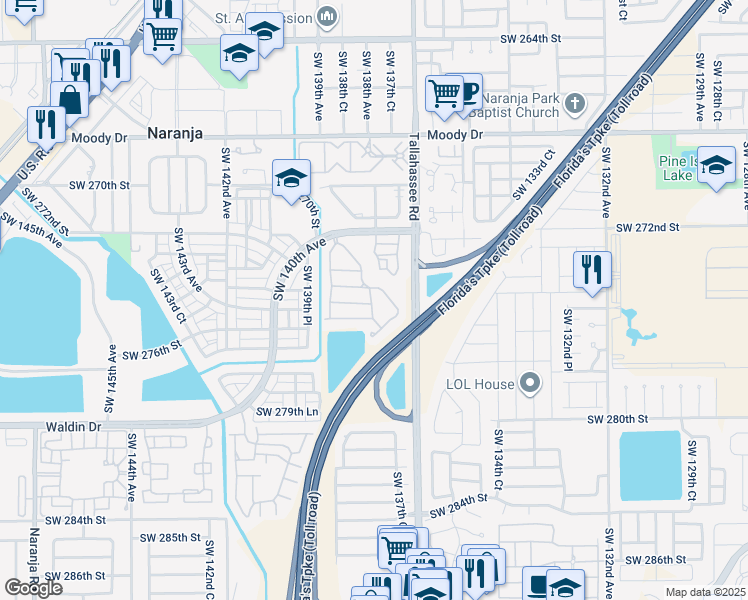 map of restaurants, bars, coffee shops, grocery stores, and more near 13826 Southwest 274th Terrace in Homestead