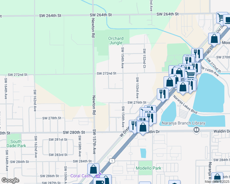 map of restaurants, bars, coffee shops, grocery stores, and more near 15462 Southwest 274th Street in Homestead