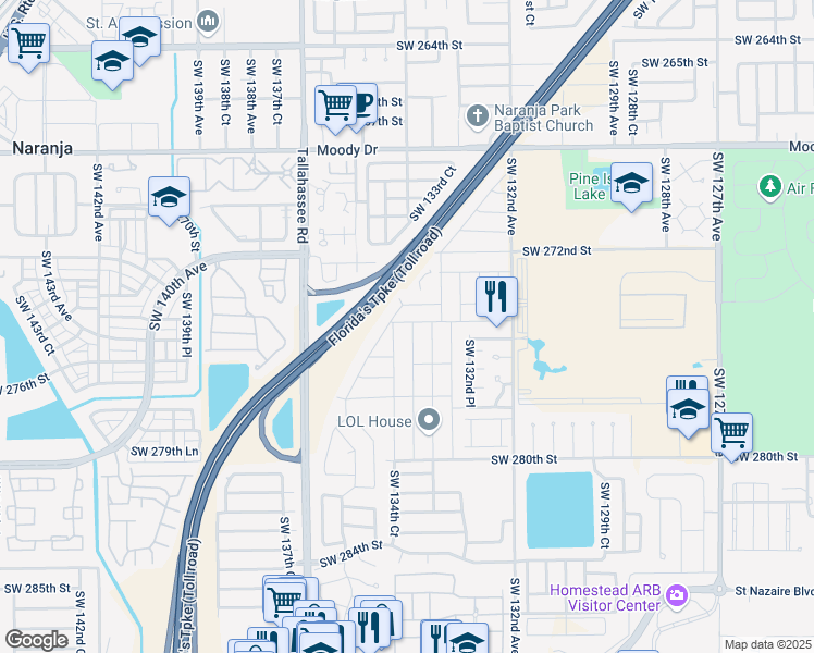 map of restaurants, bars, coffee shops, grocery stores, and more near 27471 Southwest 134th Court in Princeton