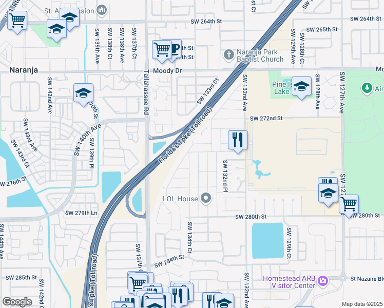 map of restaurants, bars, coffee shops, grocery stores, and more near 27471 Southwest 134th Court in Princeton