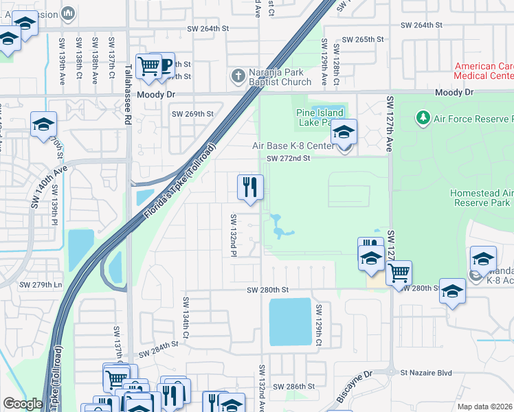 map of restaurants, bars, coffee shops, grocery stores, and more near 13201 Southwest 274th Terrace in Homestead