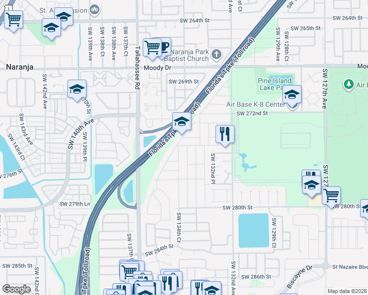 map of restaurants, bars, coffee shops, grocery stores, and more near 27471 Southwest 134th Court in Princeton