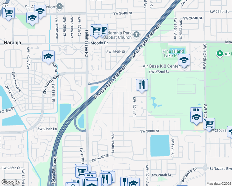 map of restaurants, bars, coffee shops, grocery stores, and more near 27471 Southwest 134th Court in Princeton
