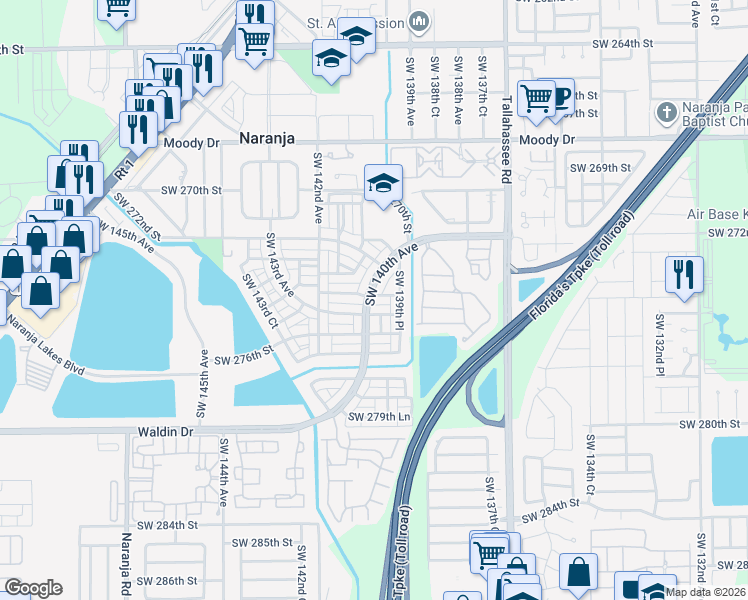 map of restaurants, bars, coffee shops, grocery stores, and more near 13978 Southwest 274th Lane in Homestead