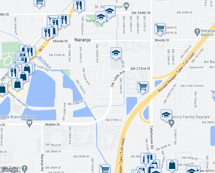 map of restaurants, bars, coffee shops, grocery stores, and more near 14028 Southwest 274th Lane in Homestead