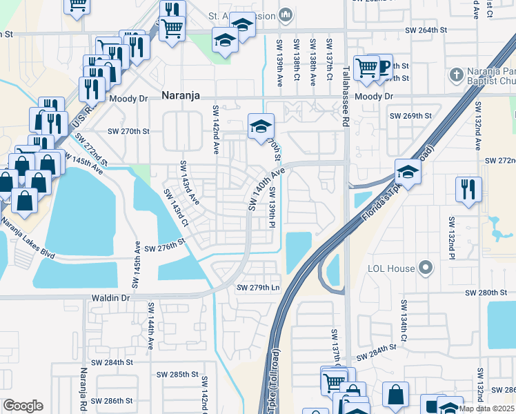 map of restaurants, bars, coffee shops, grocery stores, and more near 13978 Southwest 274th Lane in Homestead