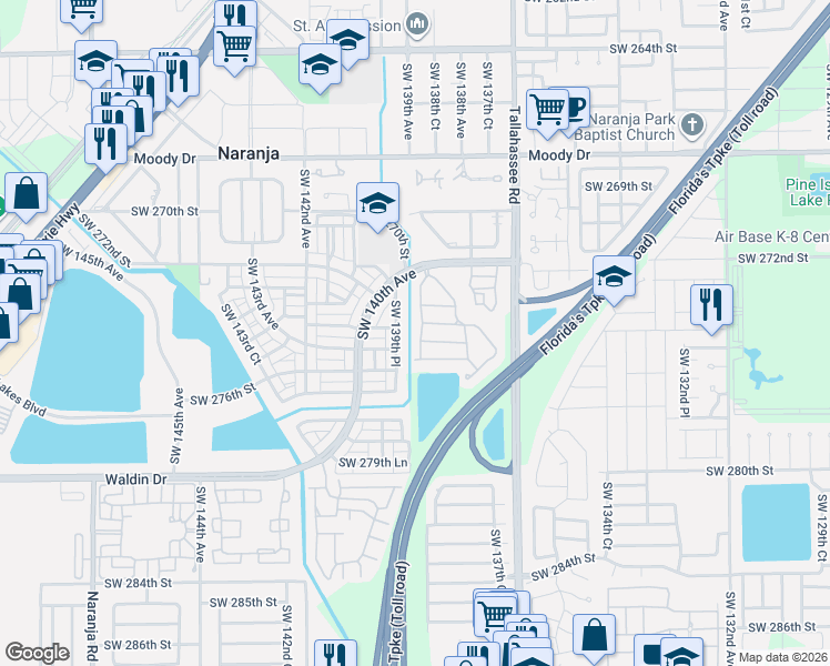 map of restaurants, bars, coffee shops, grocery stores, and more near 27460 Southwest 138th Path in Homestead