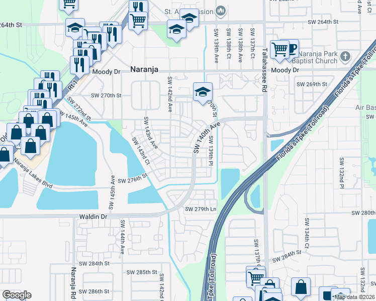 map of restaurants, bars, coffee shops, grocery stores, and more near 14028 Southwest 274th Lane in Homestead