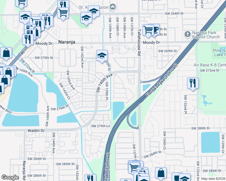 map of restaurants, bars, coffee shops, grocery stores, and more near 27460 Southwest 138th Path in Homestead
