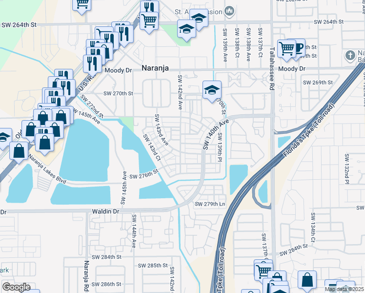 map of restaurants, bars, coffee shops, grocery stores, and more near 27450 Southwest 142nd Avenue in Naranja