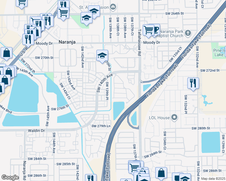 map of restaurants, bars, coffee shops, grocery stores, and more near 27460 Southwest 138th Path in Homestead