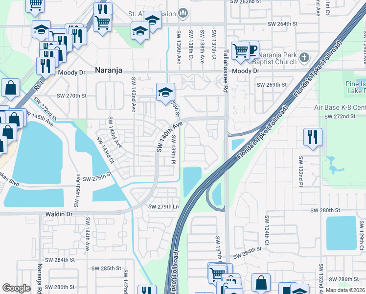 map of restaurants, bars, coffee shops, grocery stores, and more near 27460 Southwest 138th Path in Homestead