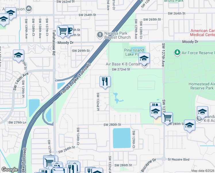 map of restaurants, bars, coffee shops, grocery stores, and more near 13201 Southwest 274th Terrace in Homestead
