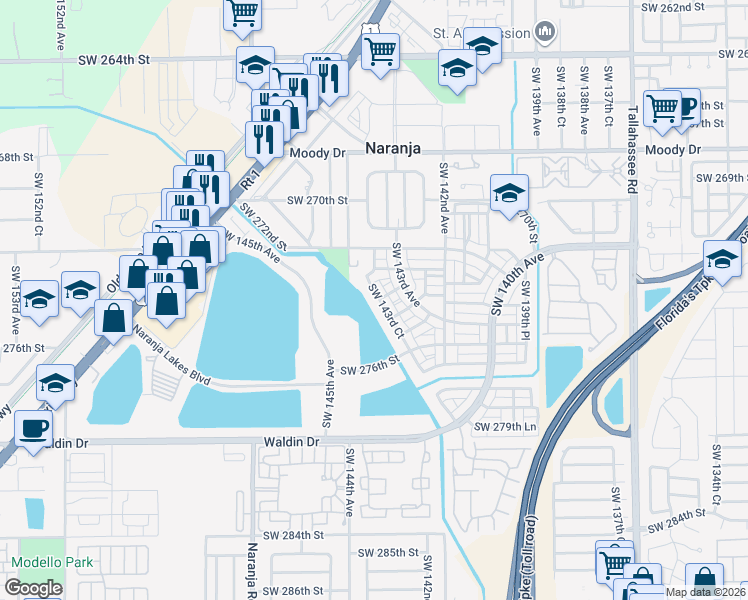 map of restaurants, bars, coffee shops, grocery stores, and more near 27380 Southwest 143rd Court in Homestead