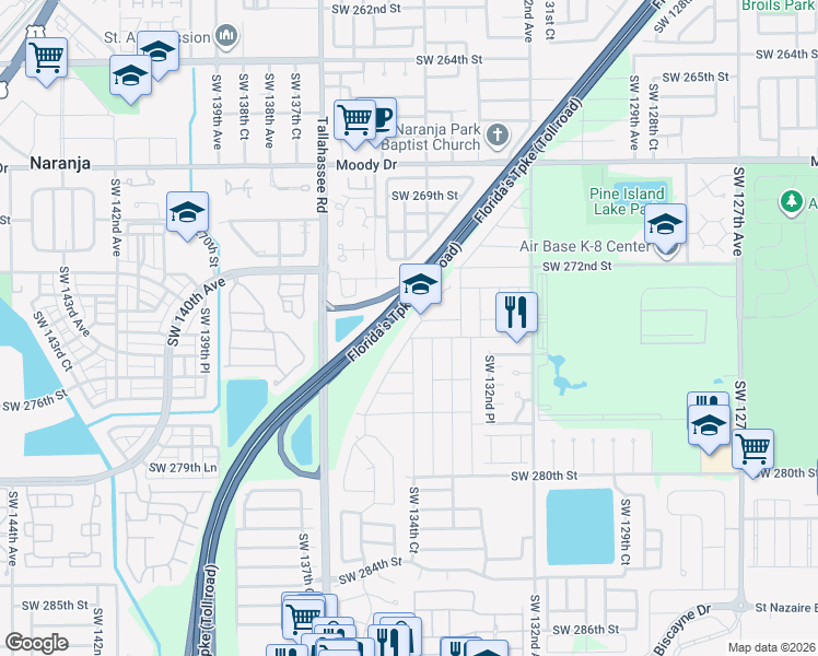 map of restaurants, bars, coffee shops, grocery stores, and more near 27471 Southwest 134th Court in Princeton