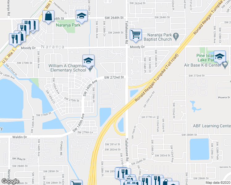 map of restaurants, bars, coffee shops, grocery stores, and more near 27463 Southwest 137th Court in Homestead