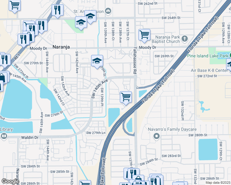 map of restaurants, bars, coffee shops, grocery stores, and more near 13839 Southwest 274th Lane in Homestead