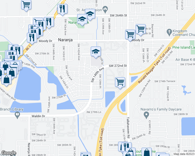 map of restaurants, bars, coffee shops, grocery stores, and more near 27382 Southwest 139th Place in Homestead