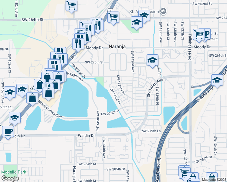 map of restaurants, bars, coffee shops, grocery stores, and more near 27380 Southwest 143rd Court in Homestead