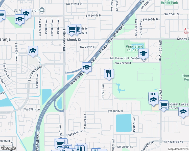 map of restaurants, bars, coffee shops, grocery stores, and more near 13341 Southwest 274th Terrace in Homestead