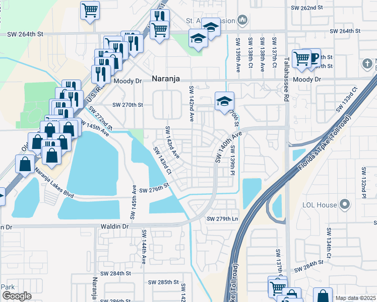 map of restaurants, bars, coffee shops, grocery stores, and more near 27450 Southwest 142nd Avenue in Naranja