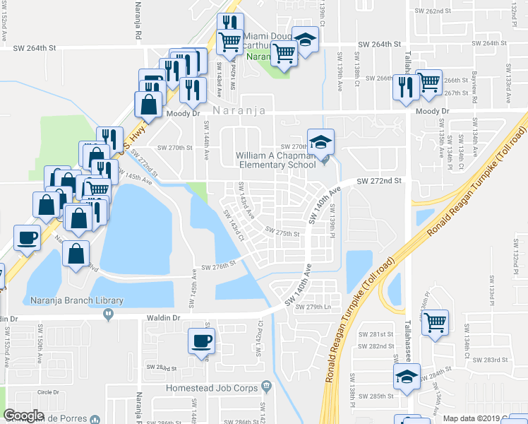 map of restaurants, bars, coffee shops, grocery stores, and more near 27450 Southwest 142nd Avenue in Naranja