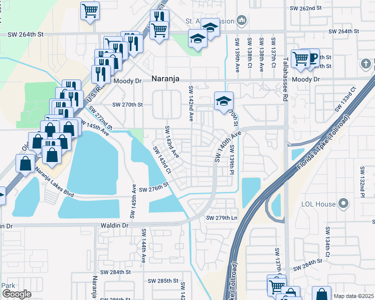 map of restaurants, bars, coffee shops, grocery stores, and more near 27450 Southwest 142nd Avenue in Naranja