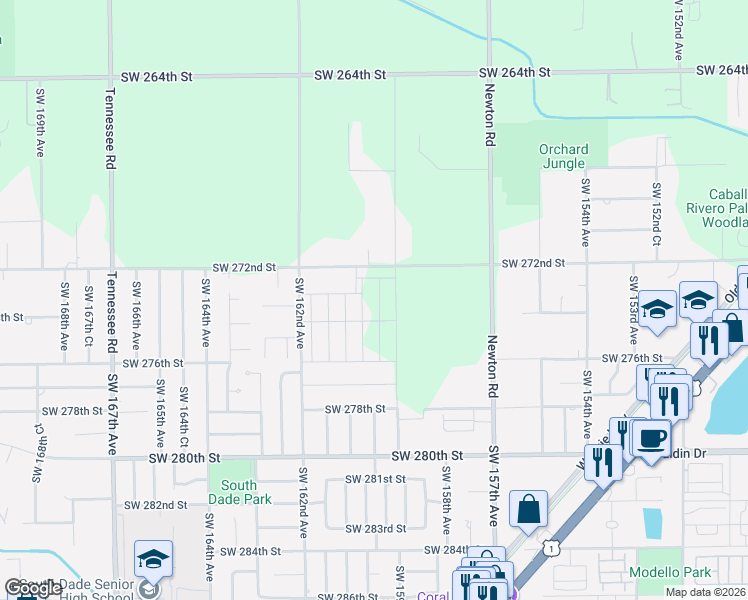 map of restaurants, bars, coffee shops, grocery stores, and more near 15901 Southwest 272nd Street in Homestead