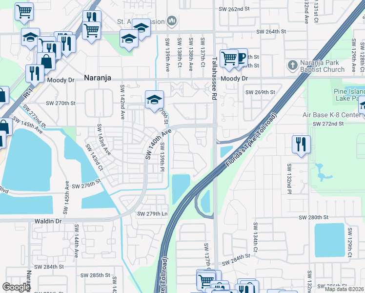 map of restaurants, bars, coffee shops, grocery stores, and more near 13836 Southwest 274th Terrace in Homestead