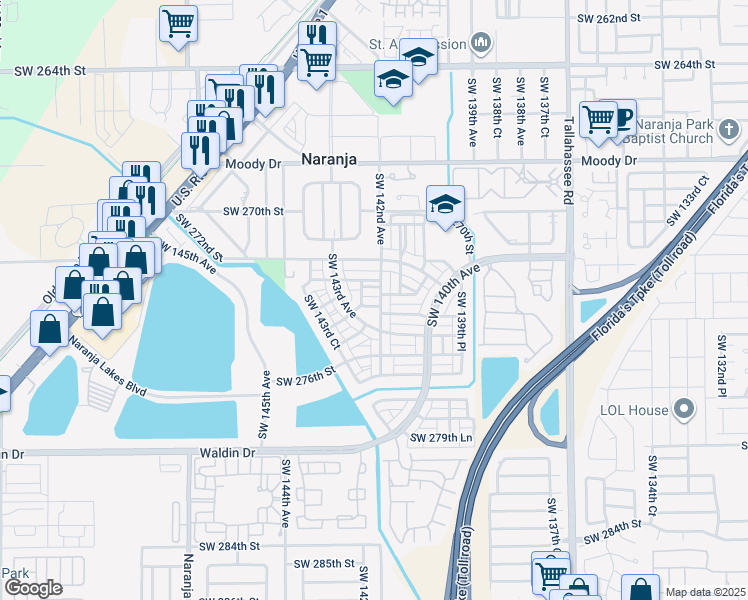 map of restaurants, bars, coffee shops, grocery stores, and more near 27450 Southwest 142nd Avenue in Naranja