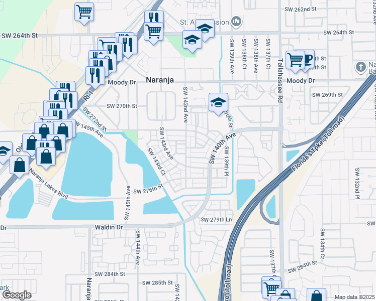 map of restaurants, bars, coffee shops, grocery stores, and more near 27450 Southwest 142nd Avenue in Naranja