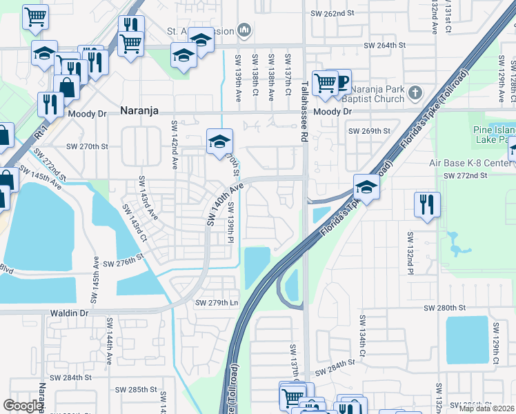 map of restaurants, bars, coffee shops, grocery stores, and more near 13826 Southwest 274th Terrace in Homestead