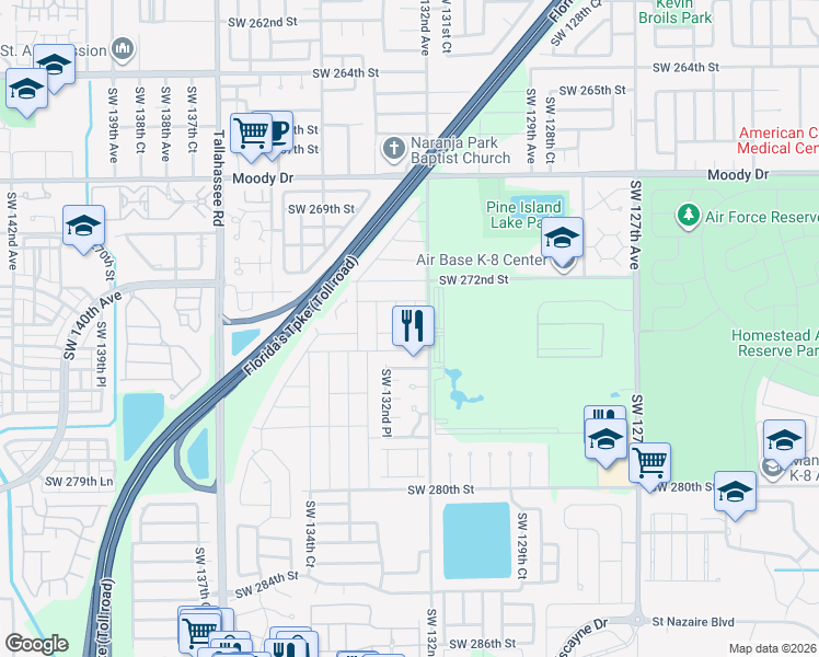map of restaurants, bars, coffee shops, grocery stores, and more near 27321 Southwest 132nd Court in Homestead