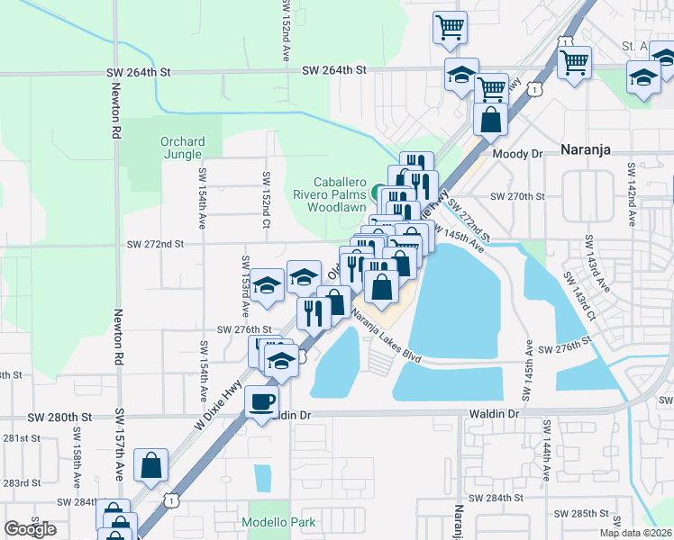 map of restaurants, bars, coffee shops, grocery stores, and more near 15000 Southwest 272nd Street in Homestead
