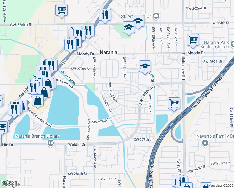 map of restaurants, bars, coffee shops, grocery stores, and more near 14215 Southwest 272nd Lane in Homestead