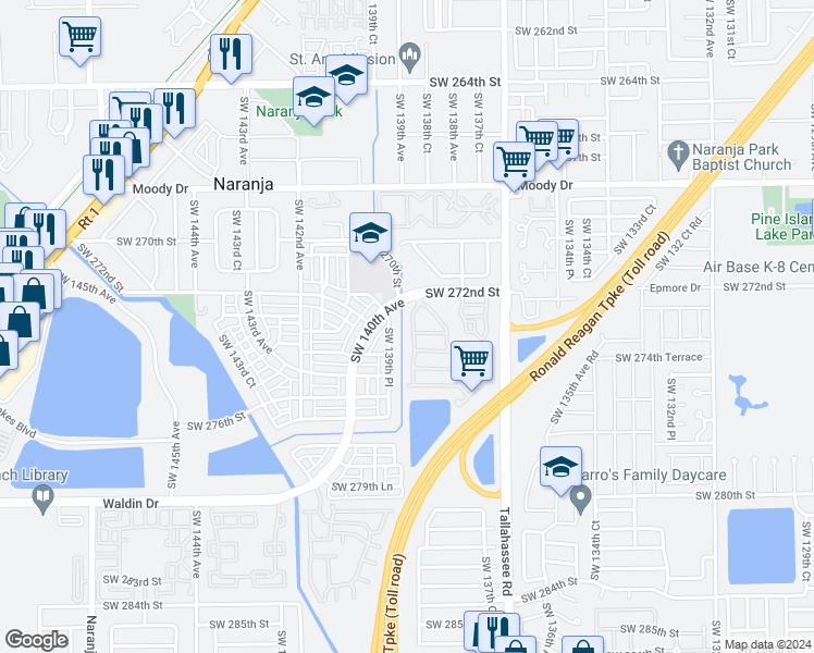 map of restaurants, bars, coffee shops, grocery stores, and more near 27322 Southwest 138th Path in Homestead