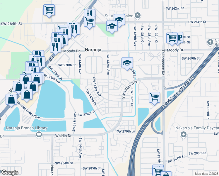 map of restaurants, bars, coffee shops, grocery stores, and more near 27325 Southwest 142nd Avenue in Homestead