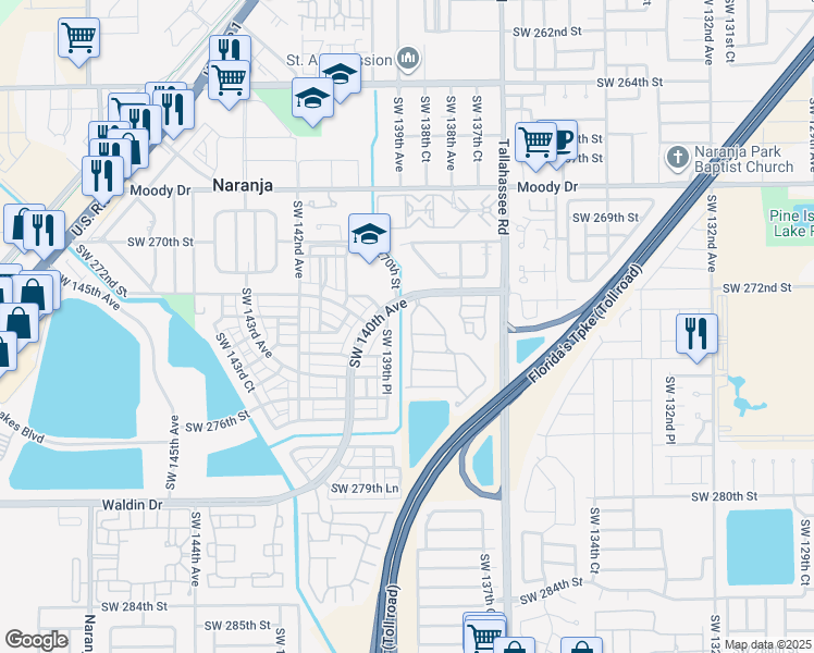 map of restaurants, bars, coffee shops, grocery stores, and more near 27272 Southwest 138th Path in Homestead