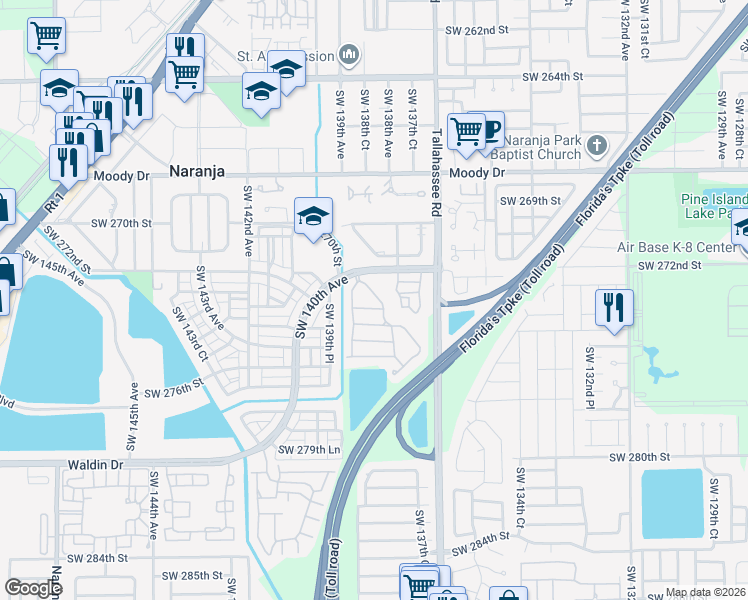 map of restaurants, bars, coffee shops, grocery stores, and more near 27305 Southwest 138th Court in Homestead