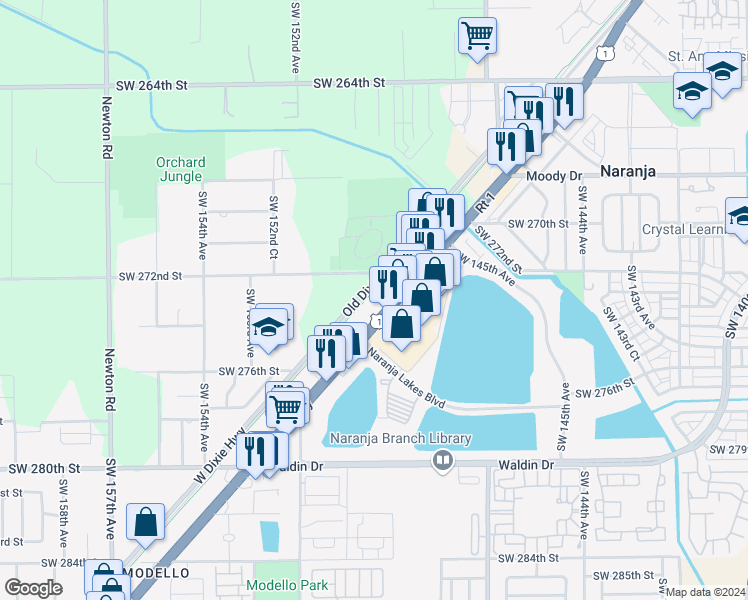 map of restaurants, bars, coffee shops, grocery stores, and more near 27338 South Dixie Highway in Homestead
