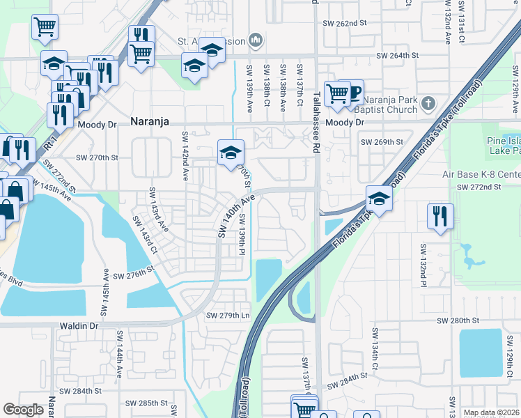 map of restaurants, bars, coffee shops, grocery stores, and more near 27272 Southwest 138th Path in Homestead