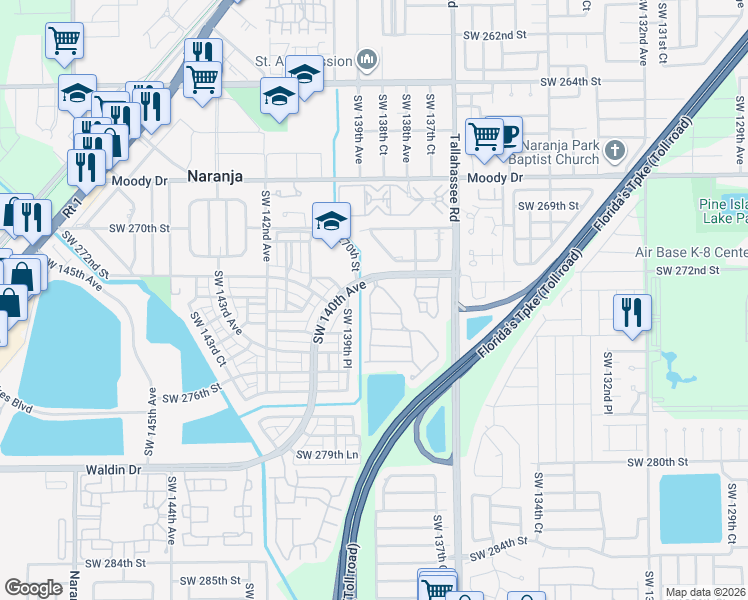 map of restaurants, bars, coffee shops, grocery stores, and more near 27272 Southwest 138th Path in Homestead