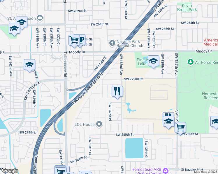 map of restaurants, bars, coffee shops, grocery stores, and more near 27284 Southwest 132nd Avenue in Princeton