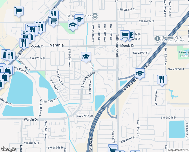 map of restaurants, bars, coffee shops, grocery stores, and more near 27272 Southwest 138th Path in Homestead