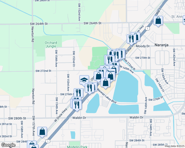 map of restaurants, bars, coffee shops, grocery stores, and more near 27338 South Dixie Highway in Homestead