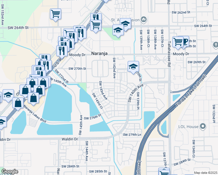 map of restaurants, bars, coffee shops, grocery stores, and more near 14239 Southwest 272nd Lane in Homestead